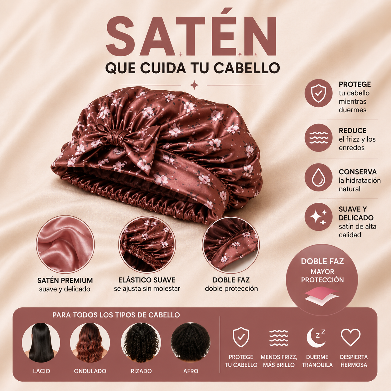 Gorro de Satén para Dormir – Reduce el Frizz y Protege tu Cabello